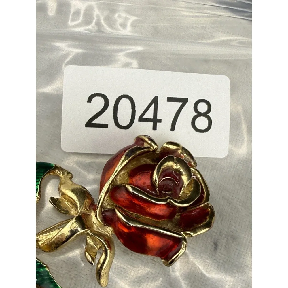 Vintage Rose Brooch Enamel Red Flower‎ Green Leaves Gold Tone Large